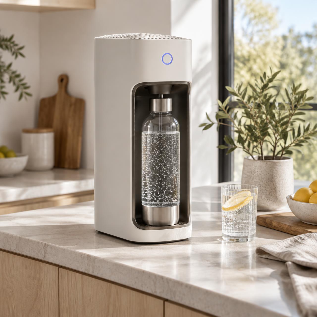 Illustrative concept render of the countertop machine on a kitchen worktop